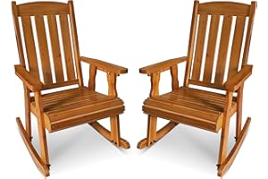 FORTUNE CANDY Wooden Patio Rocking Chair with Comfortable Backrest Inclination, High Backrest and Deep Contoured Seat, Solid Fir Wood, Heavy Duty 600 LBS (Natural, 2 Pieces)