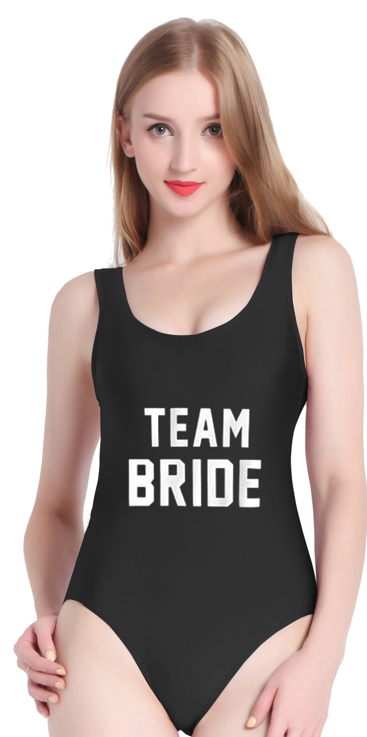 PINJIA Cute One Piece Swimsuit With High Cut and Low Back For Women Bathing Suits(L, Black Team Bride)