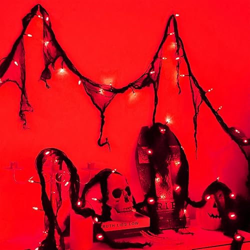 Charfia Halloween Decorations Indoor Outdoor, 3M 30LED Halloween String Lights Indoor Outdoor, Battery Operated Fairy Lights with Black Cloth Gauze and Timer Party Room Decor