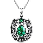 Lvoryance Western Style Lucky Horseshoe with Gemstone Necklace 925 Sterling Silver Retro Filigree Horseshoe Birthstone Pendant with 18+2 Inch Chain for Women