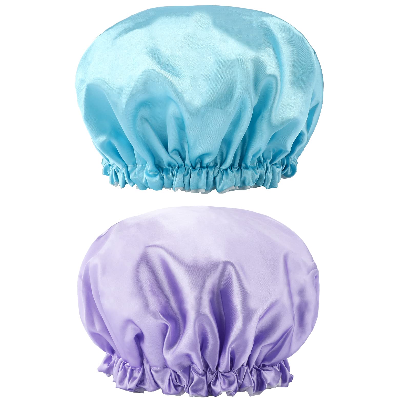 G2PLUS 32CM Large Shower Caps, 2PCS Reusable Bath Caps for Women, Elastic Shower Hats for Long Hair, Double Layers Bath Hats for Adults Long Hair
