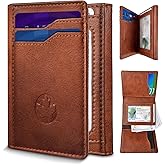 OLLEN Trifold Leather Wallet for Men, RFID Blocking Slim Wallet with 15 Card Capacity Cash Pocket 2 ID Windows, Magnetic Closure Minimalist Wallet for Front Pocket Wallet, Light Brown
