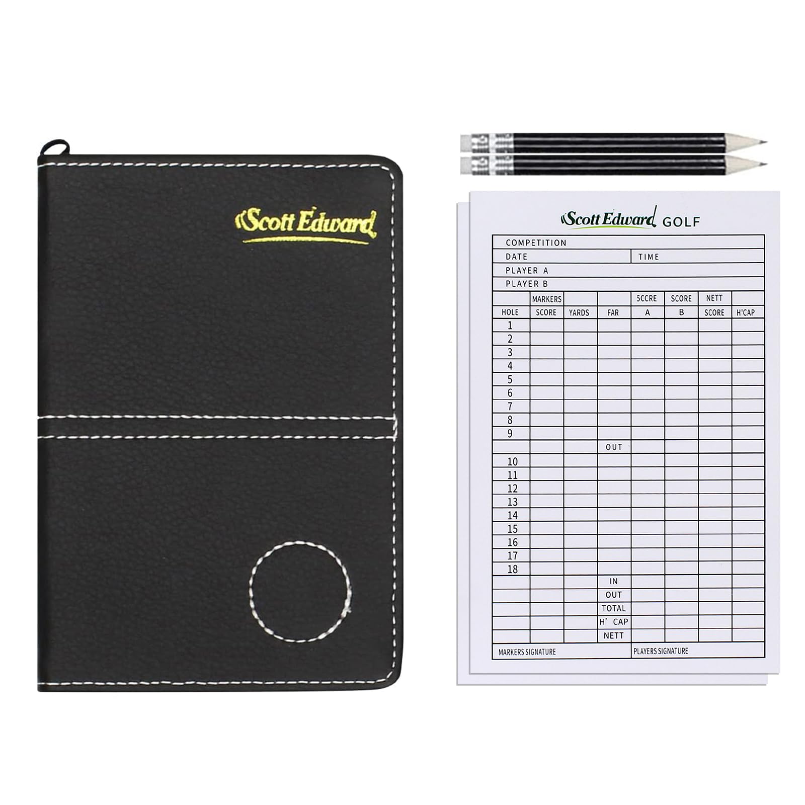 Scott Edward Golf Scorecard Cover Leather Scorecard Holder Statistic and Score Tracking Waterproof Soft Thick Black
