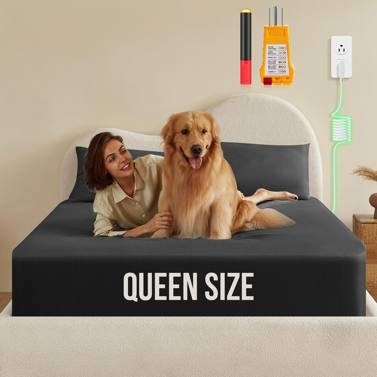 Photo 1 of Grounding Sheets, 10% Silver Infused Bed Sheets Grounding Bed Sheets, 90% Organic Cotton Grounded 400 Threads Bedding, Deep Pocket Sheets with Grounding Tester - [Queen 60"x 80"x 15", Obsidian Black]