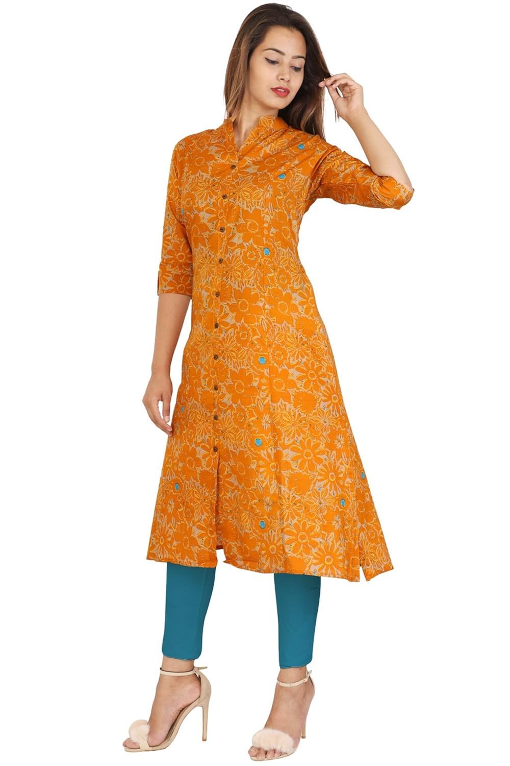 bright cotton women's a-line long kurta (orange)