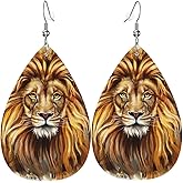 Lion Faux Leather Earrings, Furry Wildlife King Lion Head Brown Teardrop Dangle Earrings, Lightweight Dangle For Women