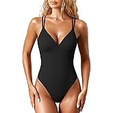 OQQ Women’s One Piece Swimsuit V Neck Crossback Ribbed Bathing Suit Slim Fit Beach Swimwear