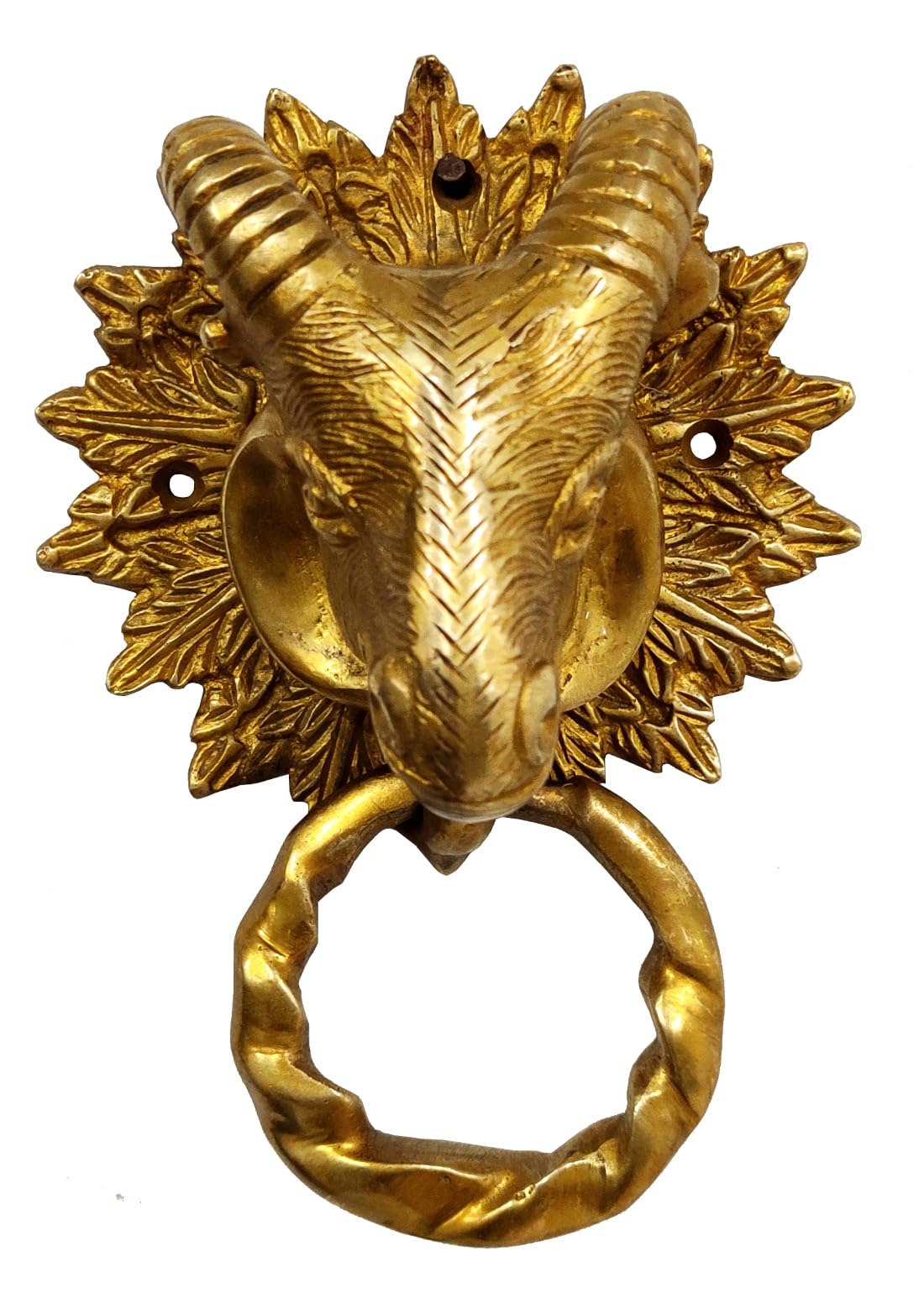 Purpledip Brass Metal Door Knocker: Antique Design Ram Head Gate Handle (11017)