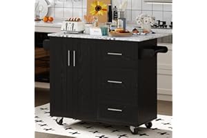 4 EVER WINNER Kitchen Island on Wheels, Island Table for Kitchen with Towel Rack & Spice Rack, Marble Tabletop, Kitchen Island with Drop Leaf, Black