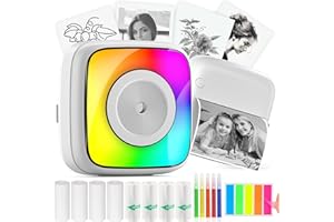 HuiJuKeJi Mini Sticker Printer with RGB Light Pocket Inkless Thermal Printer for iOS&Android, 9 Rolls Thermal Paper＆5 Color Pens, Bluetooth Smart Portable Receipt Printer for Photo Journal Notes Memo
