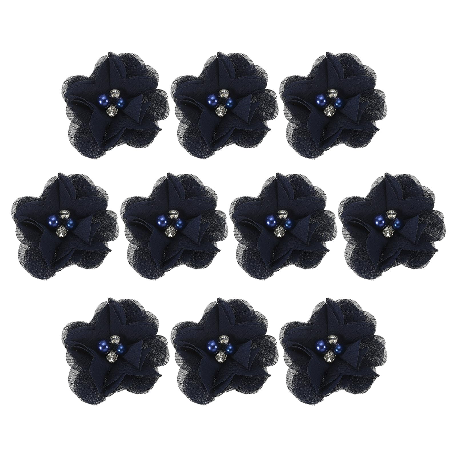 PATIKIL 2" Chiffon Flowers, 10Pcs Fabric Flowers Sewing Appliques Embellishments with Rhinestone Pearl for DIY Crafts Wedding Headbands Party Decoration, Dark Blue