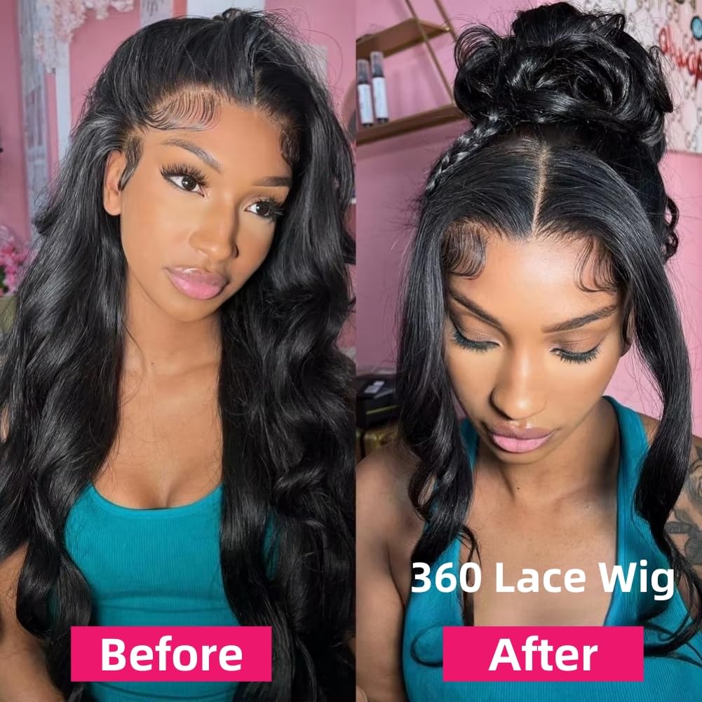 28 Inch 360 Lace Front Wigs Human Hair Drawstring Body Wave Lace Front Wigs Human Hair Pre Plucked 360 HD Full Lace Wig 180 Density Glueless Invisi Strap Frontal Wigs Human Hair for Women