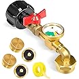 Propane Refill Adapter for 1lb. Tanks, 90 Degree Propane Adapter 20lb to 1lb Converter with Gauge and Control Valve for Propane Tank, Heater, Grill Stove, 4 Caps Included, Solid Brass