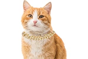 Halukakah Cat Collar - Carat - Iced Out Diamond Cuban Link Gold Chain for Cats & Kittens - 18k Real Gold Plated 7" Collar Size - for Decoration Only - Get Your Cat Catwalk Ready