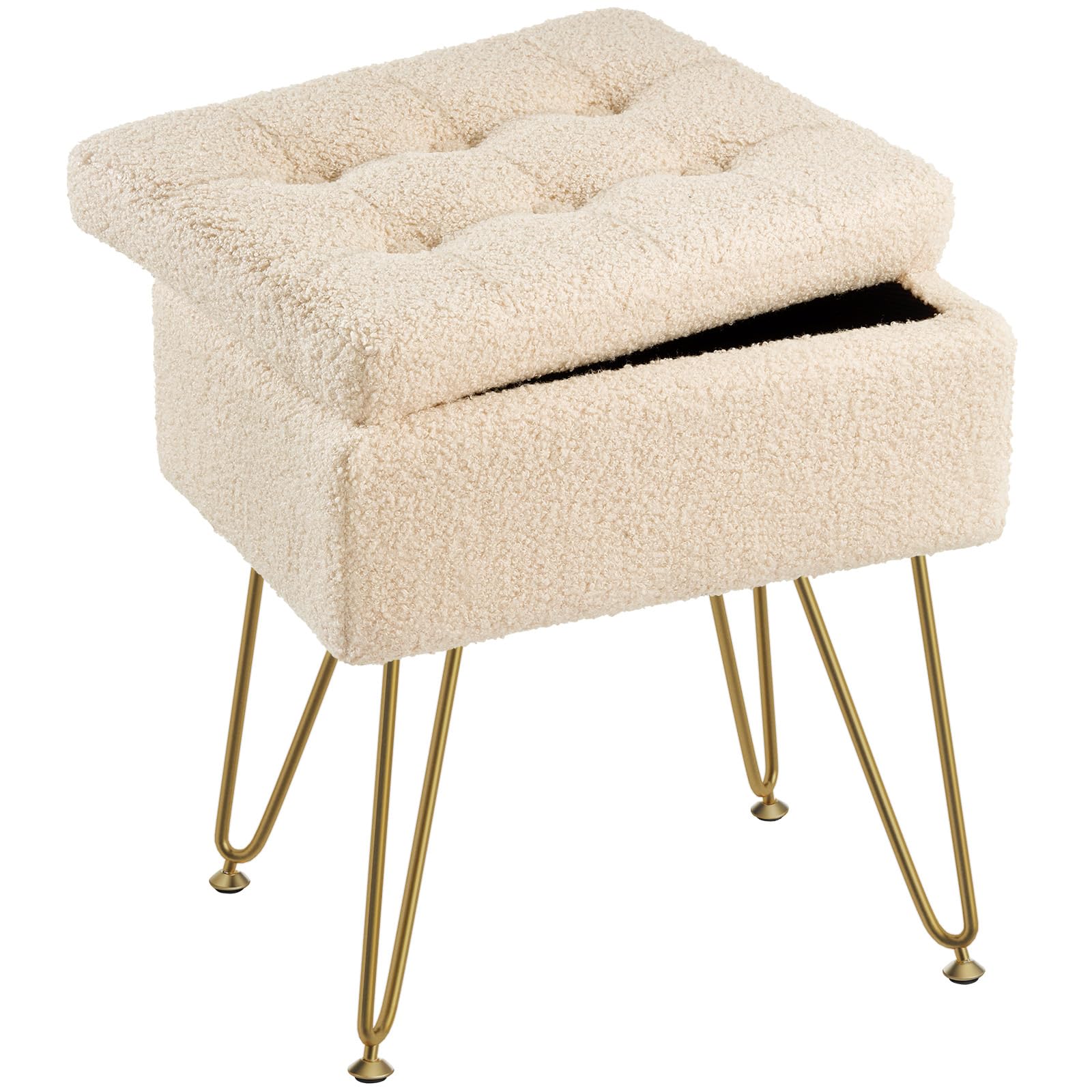 Photo 1 of Seventable Vanity Stool Chair with Storage, Teddy Velvet Soft Ottoman, 4 Metal Legs with Anti-Slip Feet, Furry Padded Seat, Multifunctional Stool for Makeup, Footstool, Bedroom, Camel