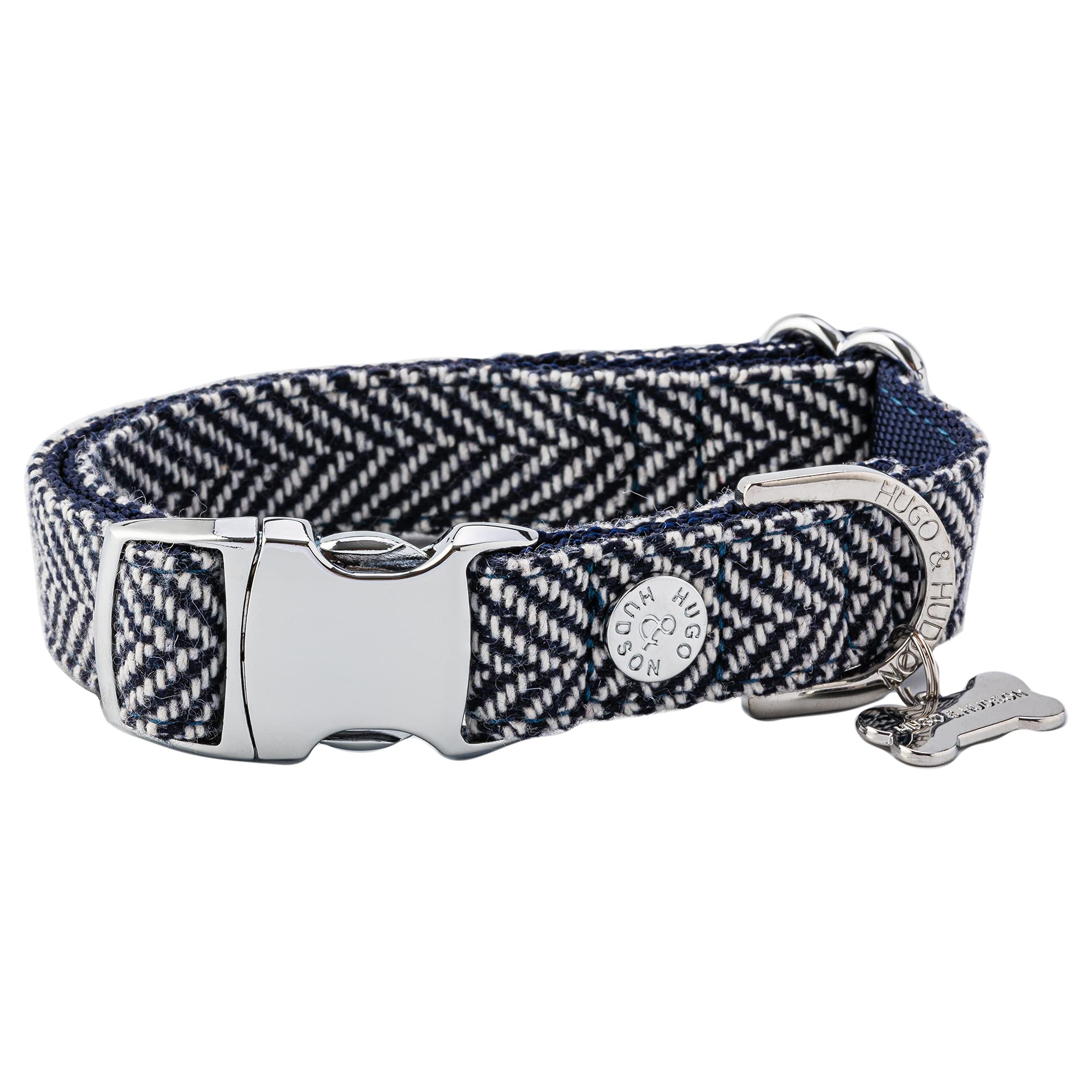 HUGO & HUDSON Tweed Dog Collar, Adjustable Quick Release Safety Metal Buckle, Navy Herringbone, XS — image 1