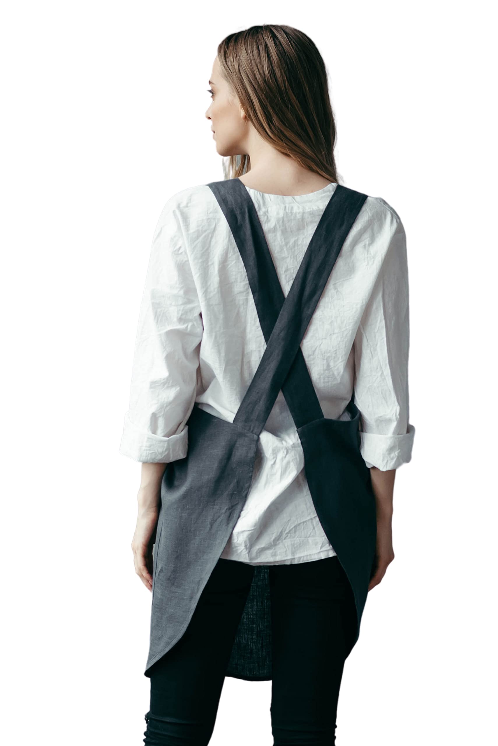 Bunny Street Linen Pinafore Apron - Wide Straps Cross Back Japanese Apron for Women - No Ties Crossover Apron with Pockets (Grey)