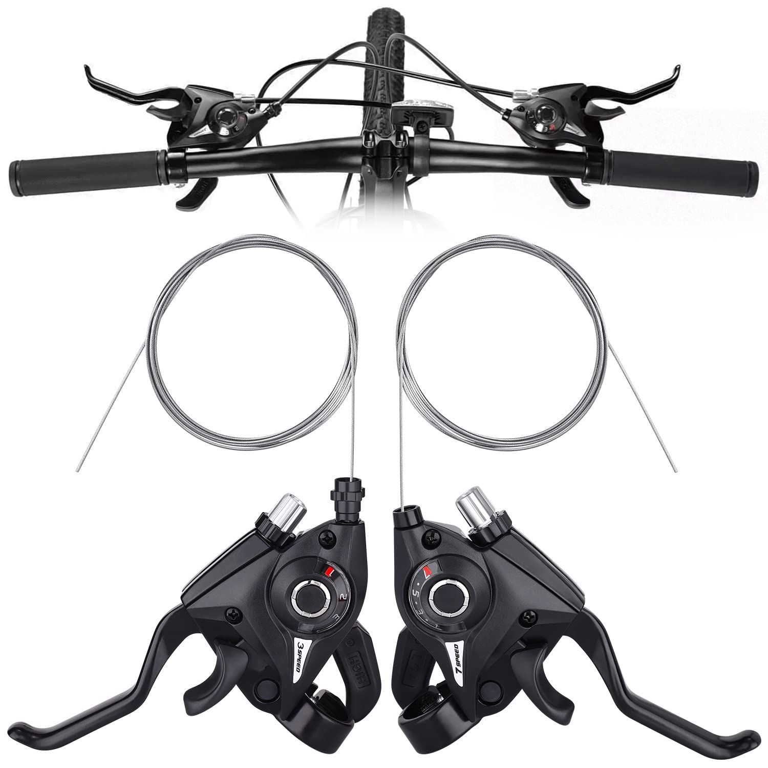 TOBWOLF Bicycle Brake Levers Shifter, 3x7/8 21/24 Speed Mountain Bike shifters Set, Left Right Brake Lever Shifter Kits with Gear Indicator, Replacement with Shift Cables for Moutain Bike Folding Bike