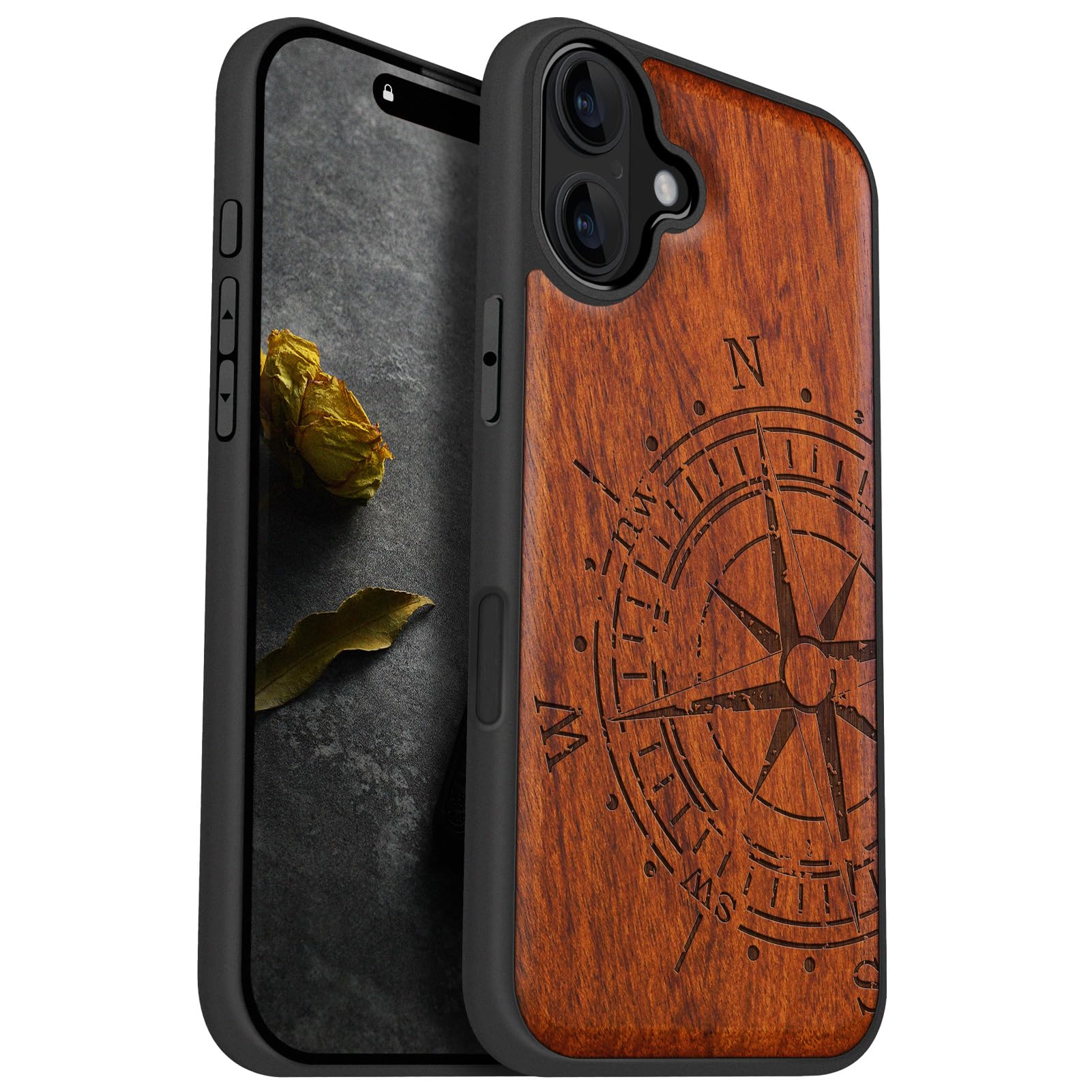 Carveit Magnetic Wood Case for iPhone 16 Plus - Solid Red Wood & Black Soft TPU Shockproof Protective Cover - Compatible with MagSafe