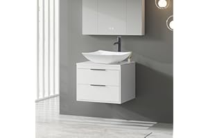 eclife 24" Floating Bathroom Vanities with Sink Combo, Wall Mounted Modern Cabinet W/Diamond Line Pattern Design, White Curved Ceramic Vessel Sink W/Water Save Faucet & Pop Up Drain, White