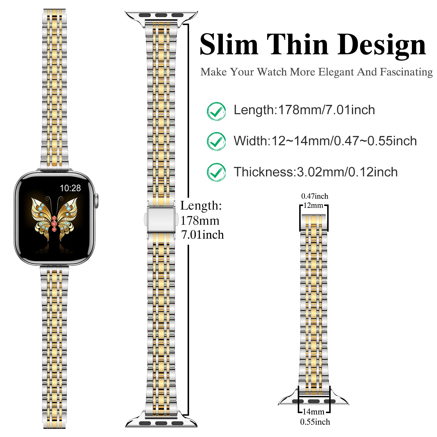 MioHHR Slim Metal Band Compatible with Apple Watch Band 42mm(Series 11 10) 41mm 40mm 38mm,Dressy Stainless Steel Chain Strap for Women iWatch Bands Series 9 8 7 6 5 4 3 2 1 SE3/2/1,Silver/Gold
