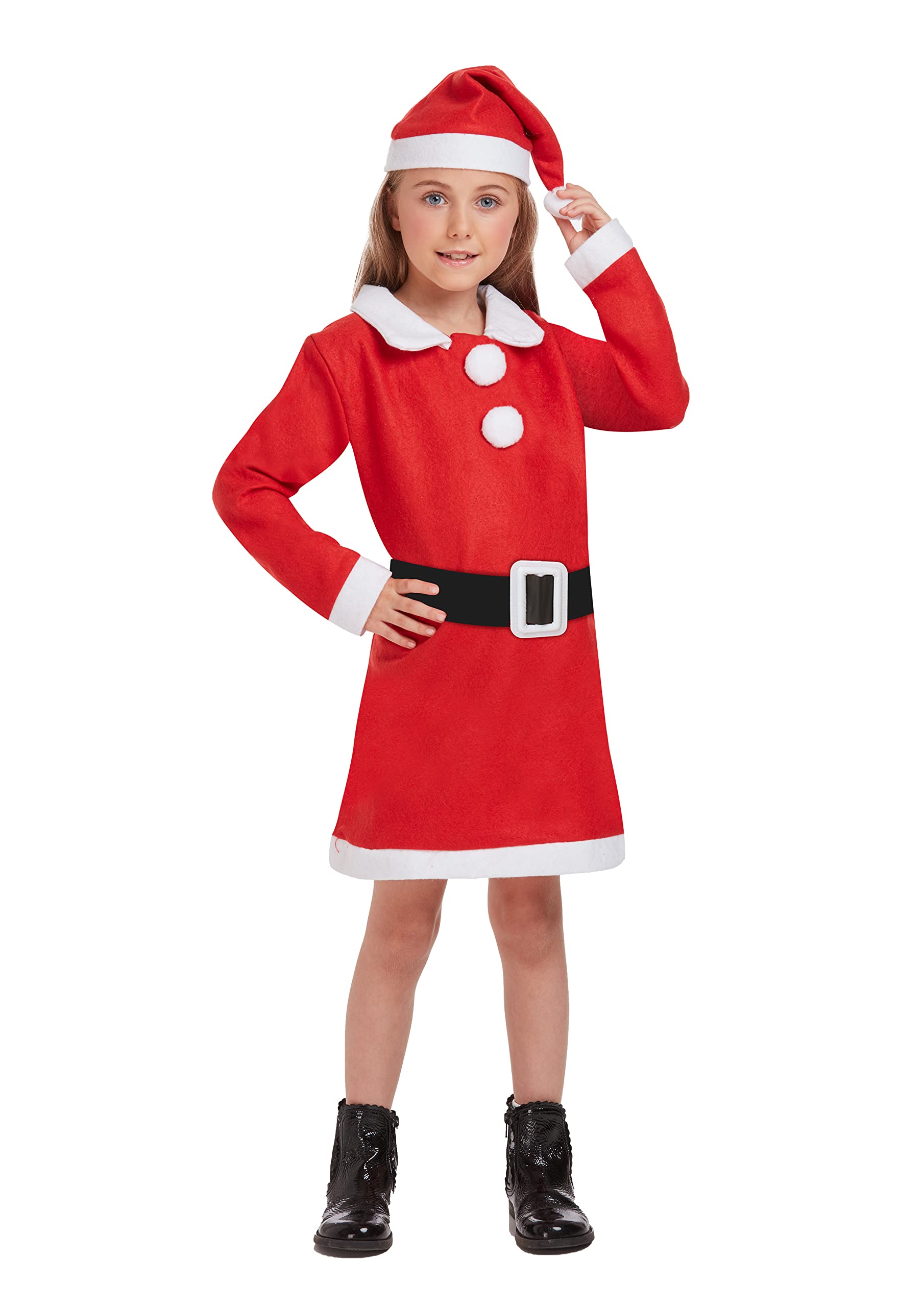HENBRANDT Children’s Santa Girl Costume with Red Santa Hat for Kids Xmas Fancy Dress Outfit Miss Santa Claus Size Large Ages 10-12 Christmas Fancy Dress for Girls