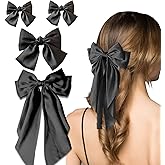 4 Pieces Satin Hair Bows Soft Ribbon Clips Hair Barrettes for Women Girls, Long Ribbon Bows Large Bow Hair Slides Silky Bowknot with long Tail French Style Hair Accessories (Black)