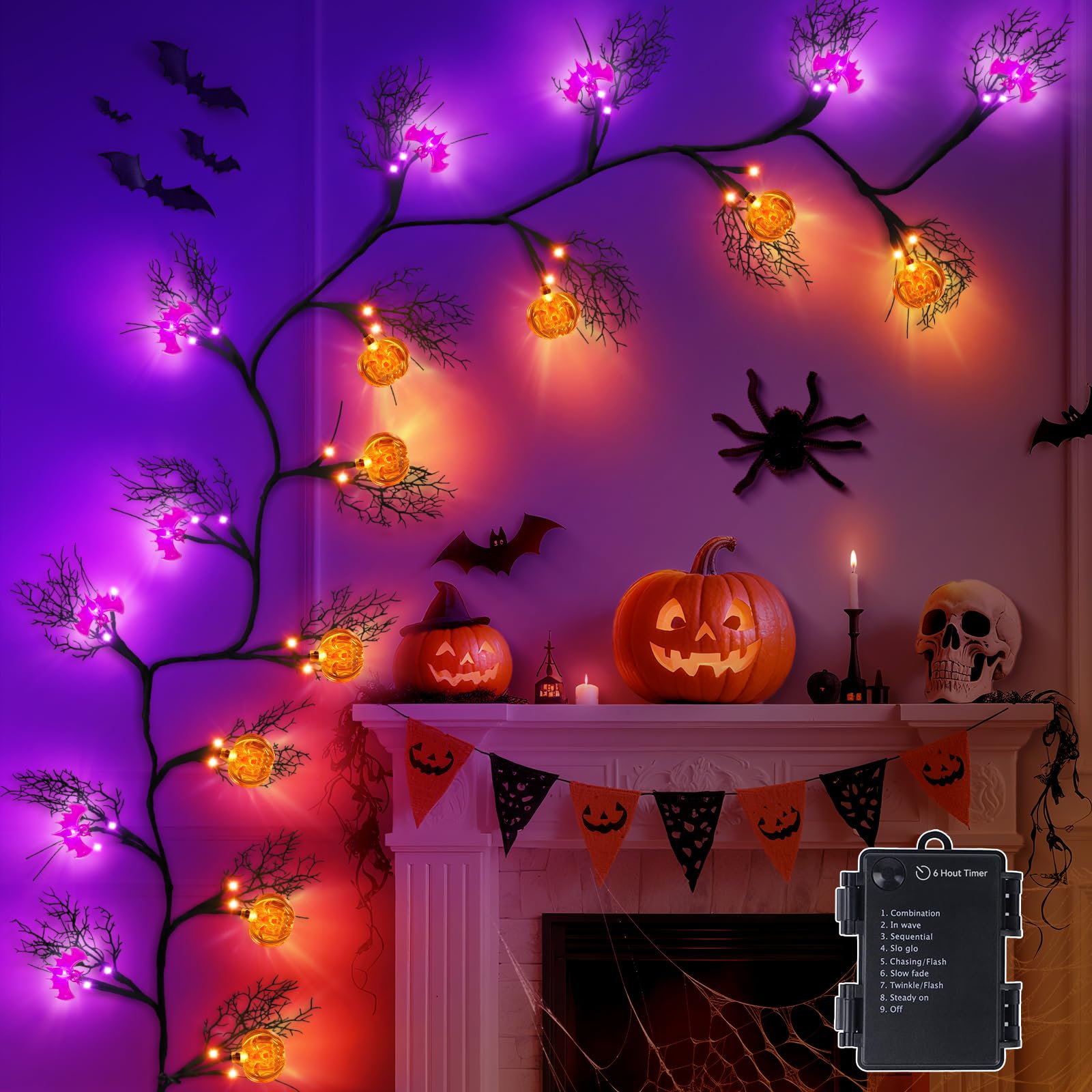 Photo 1 of [8 Modes & Timer] 6Ft 45 LED Halloween Willow Vine Twig Garland with Orange Lights - Battery Operated, Waterproof Halloween Decor for Indoor Wall, Fireplace Mantle, Home Party (Pumpkins & Bats, 6FT)