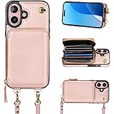 Bocasal Crossbody Wallet Case for iPhone 16, RFID Blocking Leather Purse Case with Card Holder, Protective Handbag Flip Cover with Zipper Wrist Strap Lanyard for Women 5G 6.1 Inch (Rose Gold)