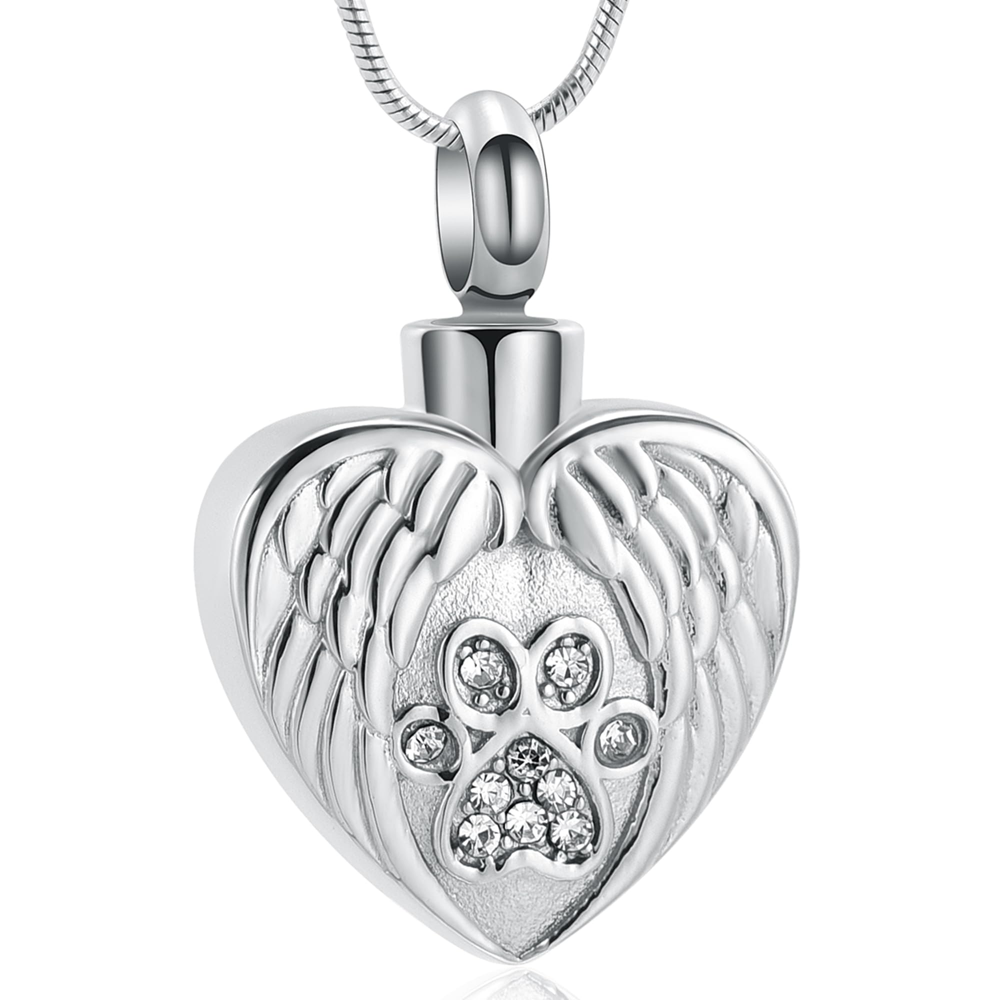 VCCWYQK Cremation Jewelry Urn Necklace for Ashes for Pet Dog Paw Print Angel Wing Heart Urn Locket Pendant for Dog/Cat (Silver)