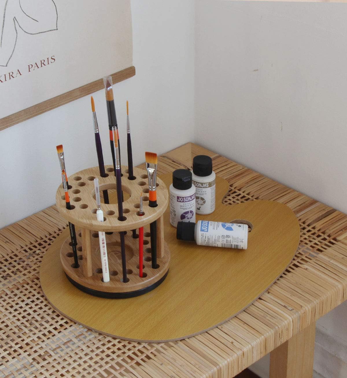 JackCubeDesign 360 Rotating Bamboo Watercolor Paint Brush Holder Water Coloring Brush Organiser Display Stand Tray Rack with 27 Holes and 1 Big Hole - Image 5