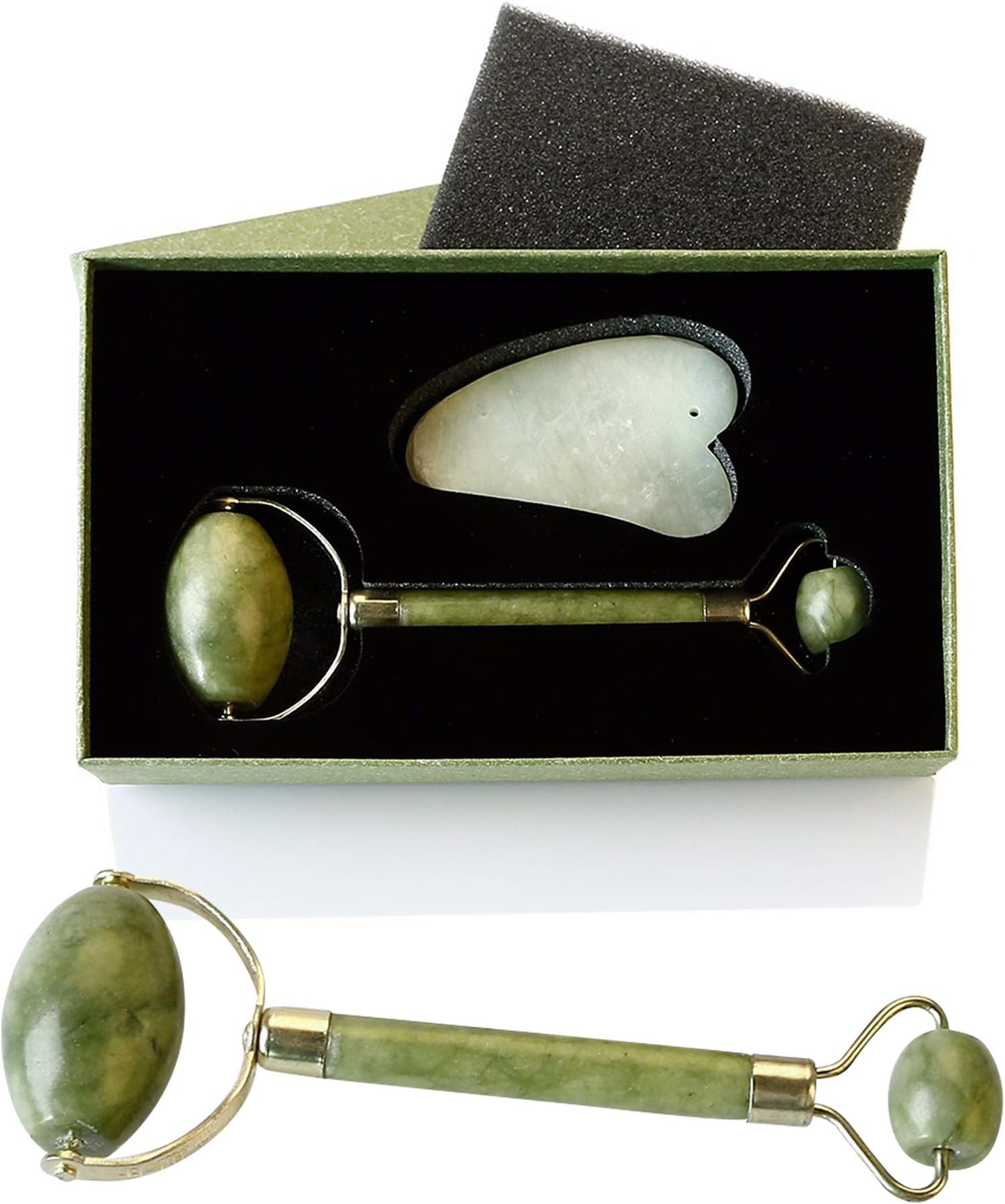 Jade Facial Roller + Gua Sha Scrapping Massage/Spa/Beauty Tool - for Anti-Aging, Stimulate Blood Circulation, Stress Relief, Natural Cooling, Relaxation and to Reduce Dark Circles - 2 in 1 Package