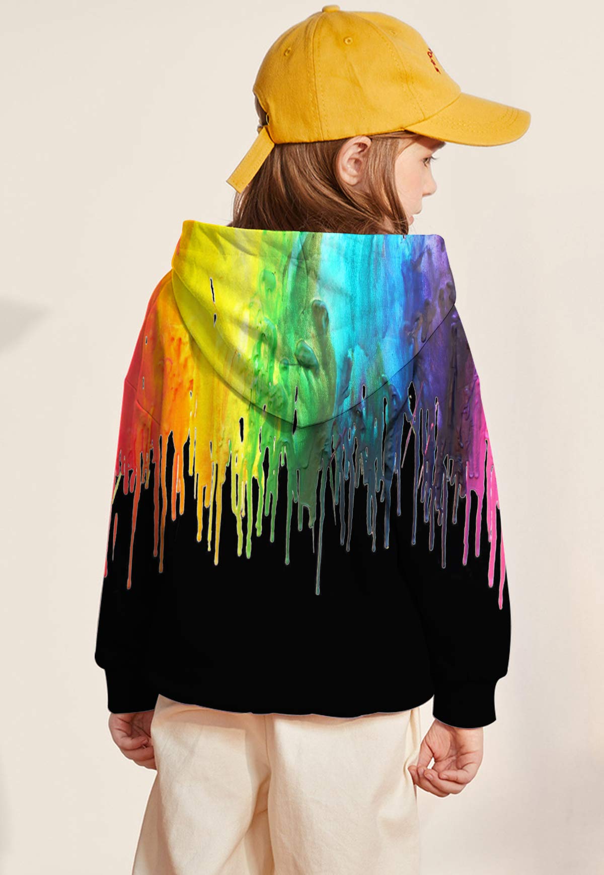 Boy\'s Designer Hoodies Colorful Paint Rainbow Crew Neck Thick Slippery Fashion Sweatshirts with Big Pocket Premium Quality Sweater for Gym School Daily (Black Melting,S)