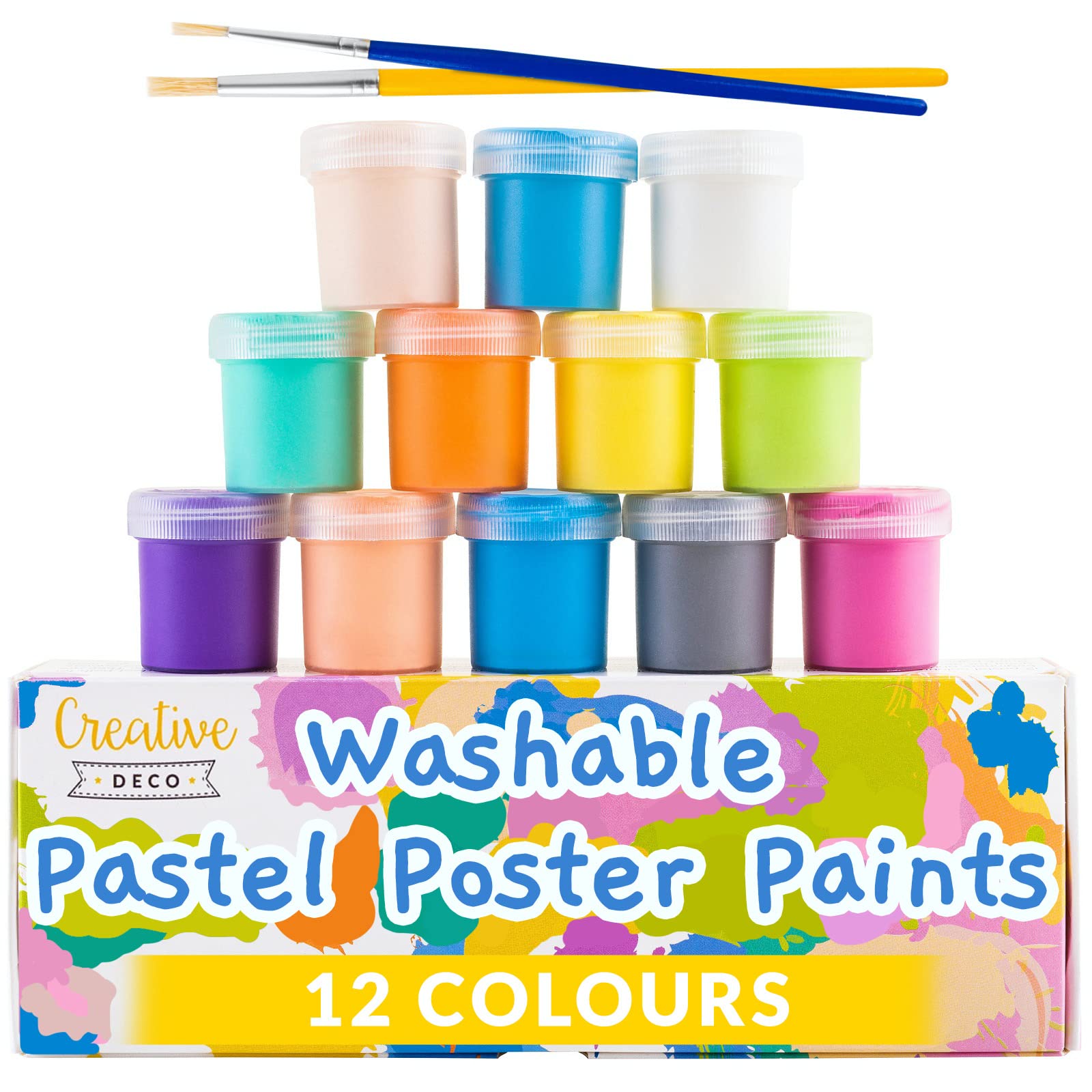 Creative Deco Washable Kids Pastel Poster Paint Set | 20 ml x 12 Pots | Children Toddlers Finger Paints | Basic Vibrant Pigmented Intense Colours | Safe & Non-Toxic | Quick Drying & Matte Finish