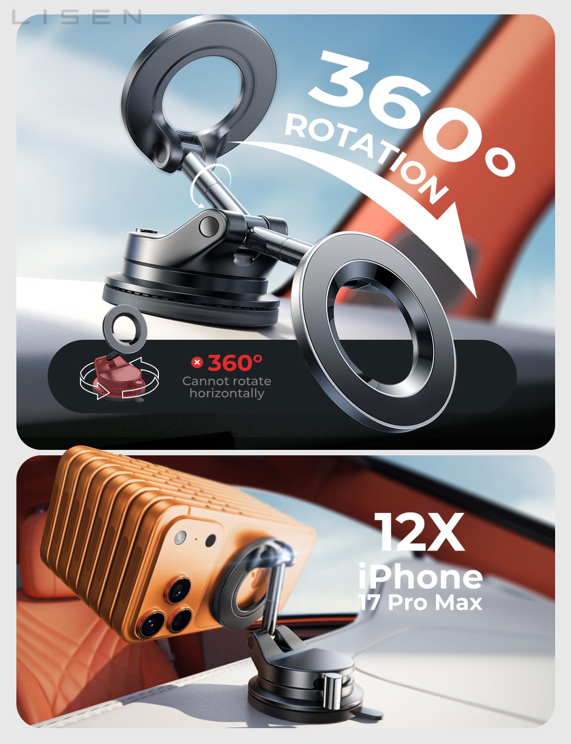 LISEN for Magsafe Car Mount, Cell Phone Holders for Your Car, Magnetic Car Accessories for Women Men Interior Jeep, Vacuum SuctionPro for Valentines Day Gifts for Him Kits, for iPhone 17-12 Pro Max