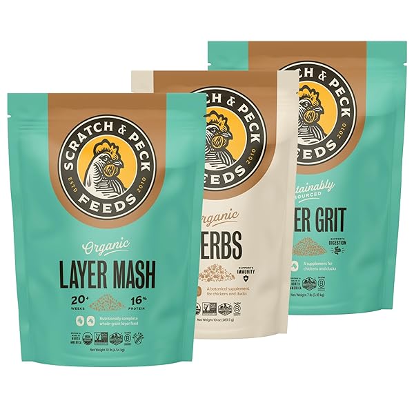 SCRATCH AND PECK FEEDS YOU ARE WHAT YOUR ANIMALS EAT NATURALLY FREE ORGANIC HERBS, LAYER GRIT, FEED FOR CHICKENS DUCKS – NON-GMO PROJECT VERIFIED, SOY CORN