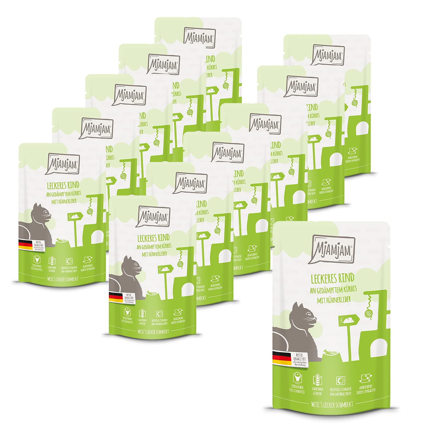 MjAMjAM - premium wet food for cats - Quetschie - delicious beef with steamed pumpkin, pack of 12 (12 x 125 g), grain-free with extra meat