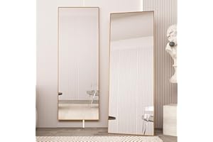 Beauty4U 65" x 24" Full Length Mirror with Stand, Gold Wall Mounting Full Body Mirror, Metal Frame Full-Length Tempered Mirror for Living Room, Bedroom