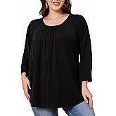Loveliin Plus Size Tunic Tops for Women 3/4 Sleeve Tunics Loose Fit Shirt Crew Neck Pleated Solid Casual Dressy Blouses