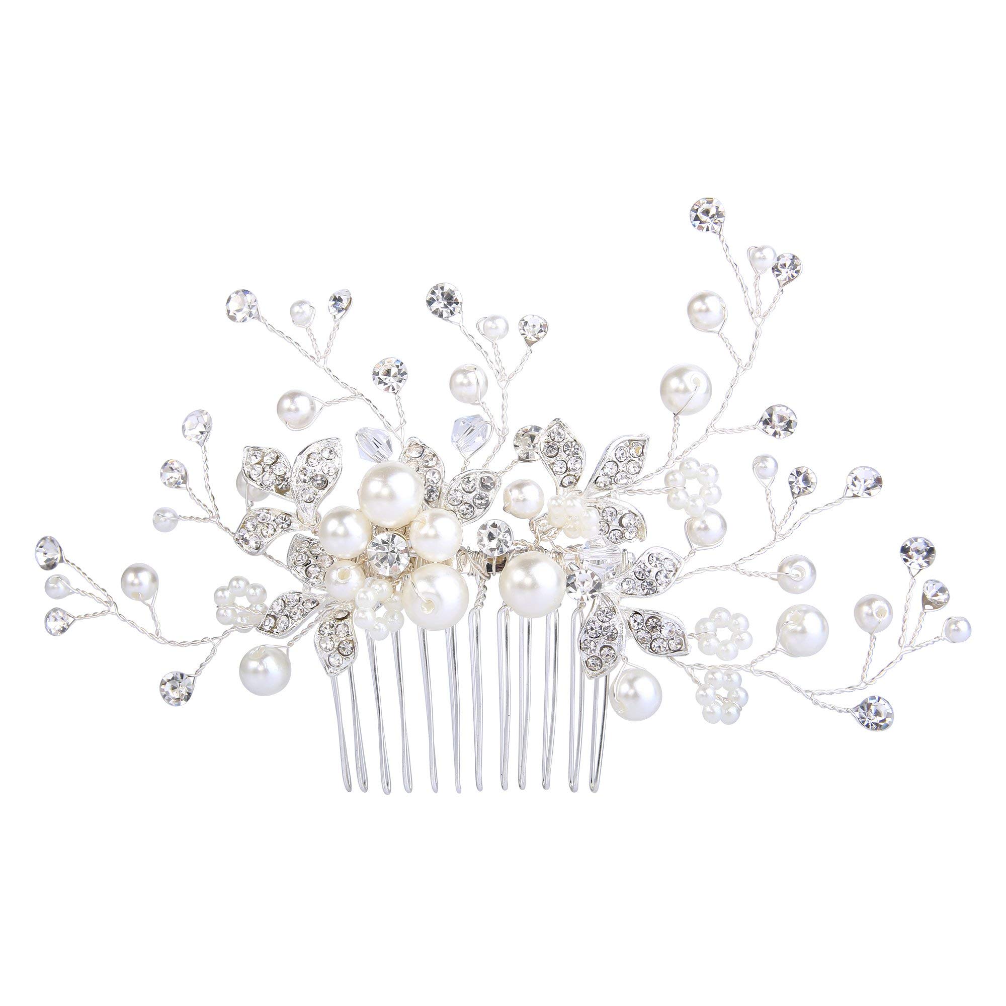 Clearine Hair Jewellery Crystal Wedding Bridal Clips Comb Simulated Pearl Leaves Headpiece for Women Clear Silver-Tone