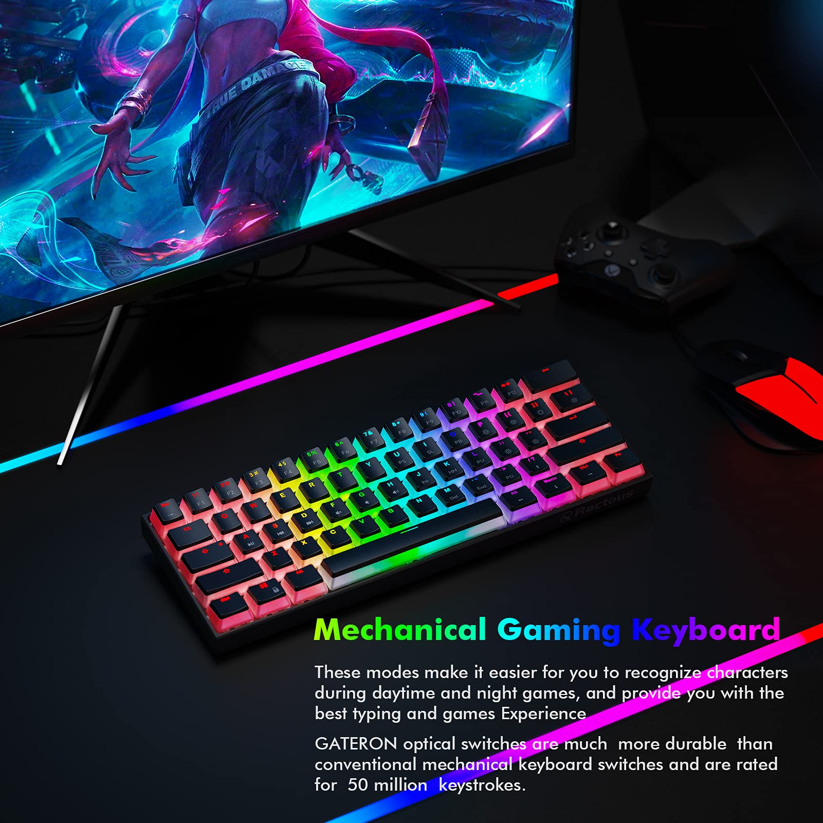 Ractous RTK61P 60% Mechanical Gaming Keyboard RGB Backlit PBT Pudding keycaps 61key Ultra-Compact Wired Keyboard Programmable for PC/Mac Gamers,Hot-Swappable Gateron Optical Brown Switch (Black)