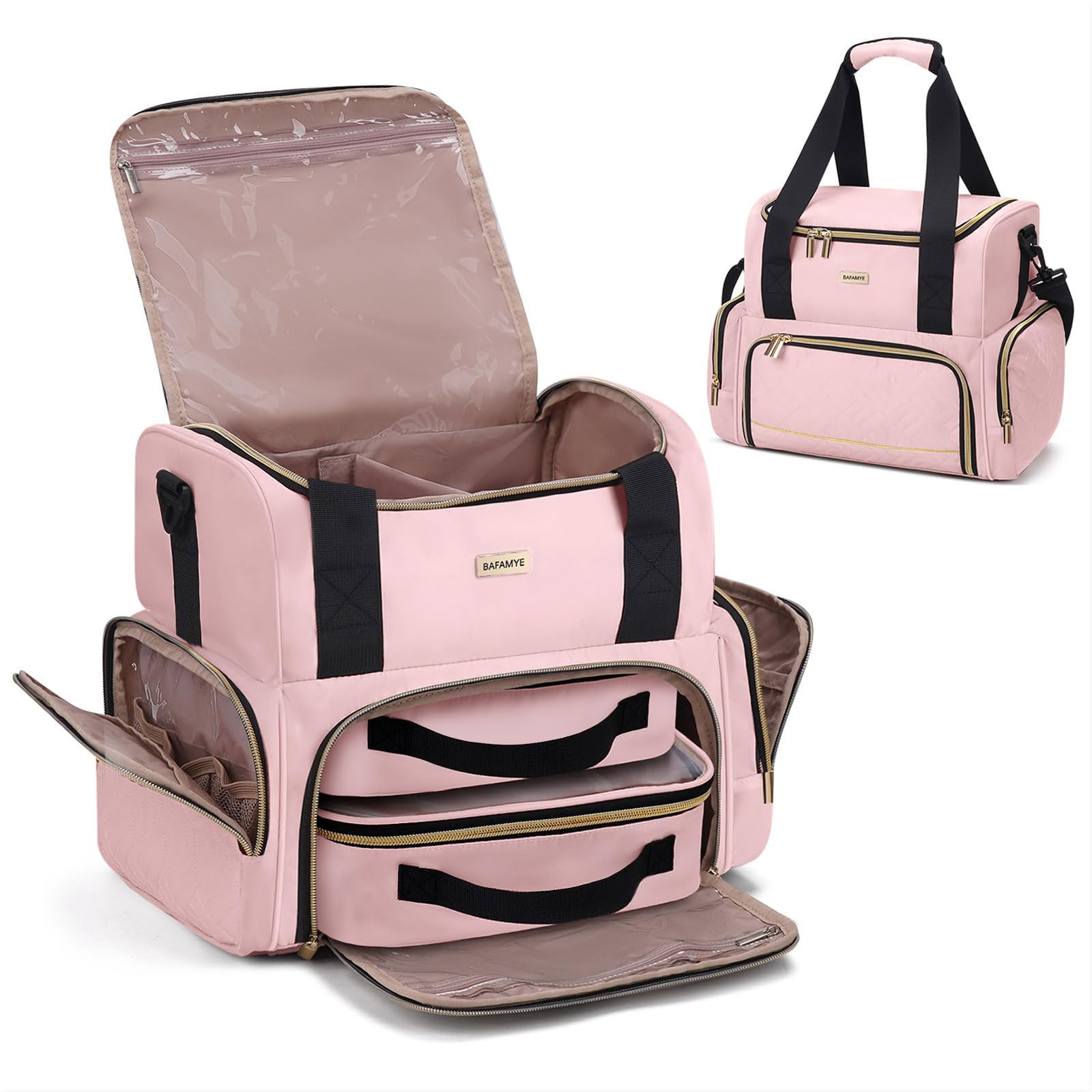 Photo 1 of BAFAMYE Large Makeup Cosmetic Bag with 2 Removable Case, Double Layer Travel Makeup Organizer Case, travel Toiletry Bag For Women, Pink