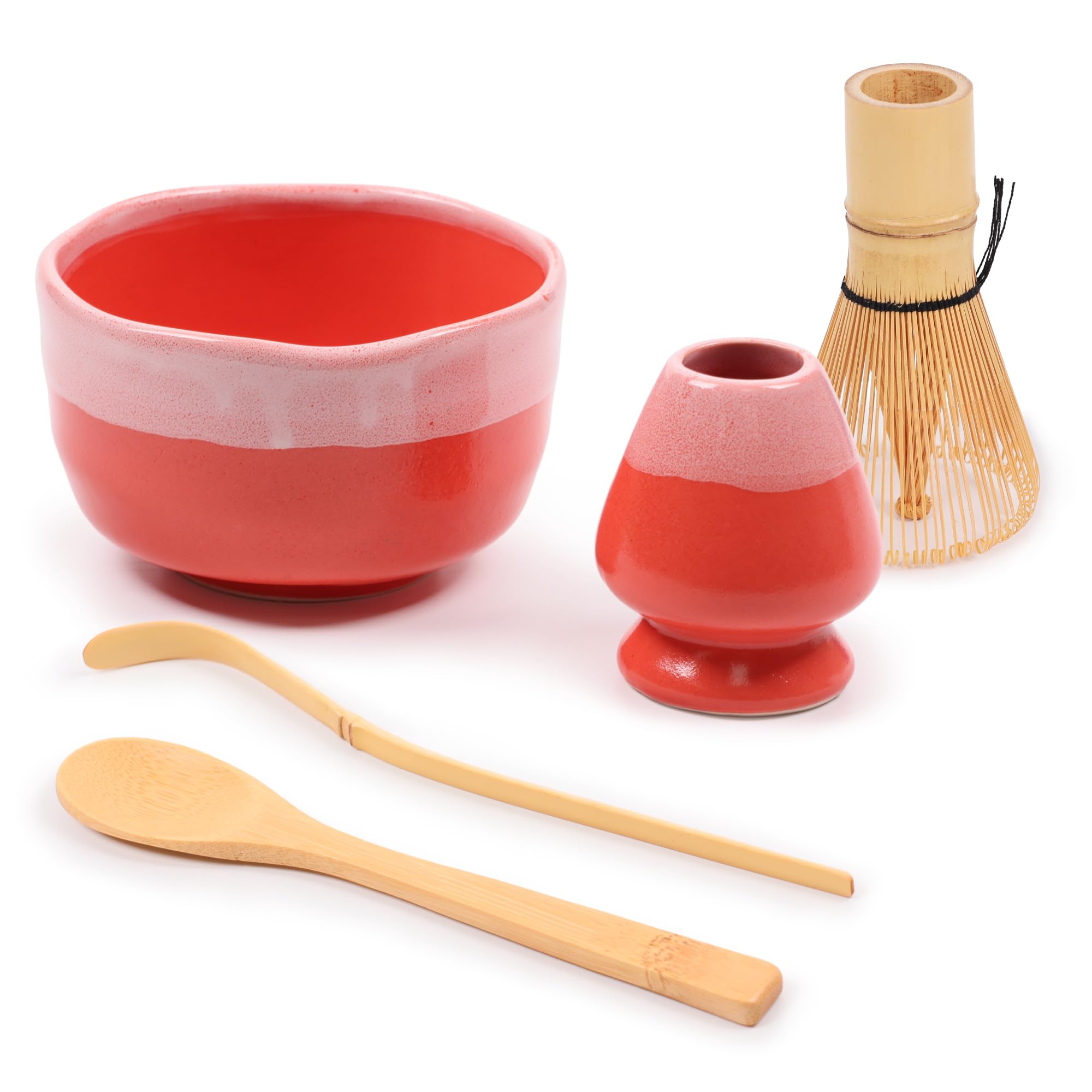 BambooMN Brand - Matcha Bowl Set (Includes Bowl, Rest,Tea Whisk, Chasaku, & Tea Spoon) 1 Set Coral