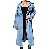 Fazortev Women's Long Double Breasted Denim Jacket Oversized Button Down Maxi Jean Coat Classic Lapel Outercoat