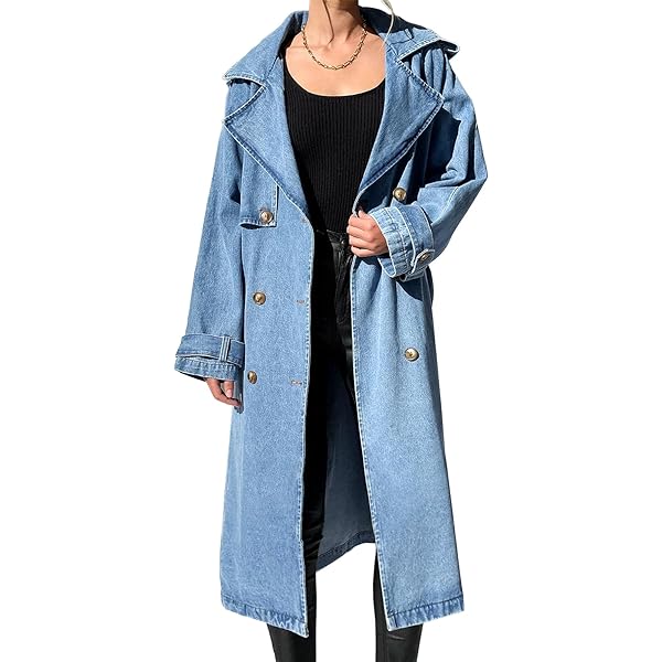 ジャケット・アウター 032c washed long-sleeve denim overcoat Womens Classic Long Jean Jacket Oversized Long Sleeve Button