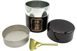 野口熊太郎茶園 Matcha Tin Container with Mesh Sifter and Scoop/Matcha Powder Canister / 150g (5.3ounces) Tea Capacity/Made in japan (Dark Red)