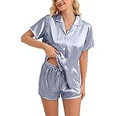 DingCo Women's Satin Pajamas Set - Soft Button-Up Top with Pinstripes and Drawstring Silky Shorts, Satin Classic Loungewear