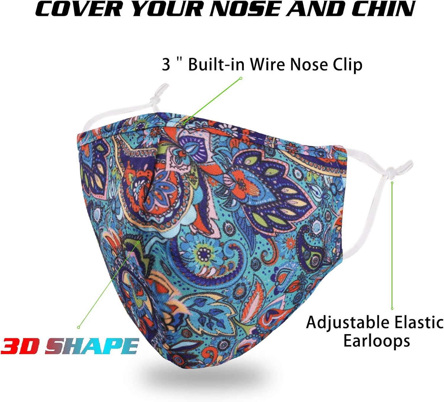 4 Packs Cotton Face Mask with Nose Wire, 3D Shape, Adjustable Earloop, Washable and Reusable : Clothing
