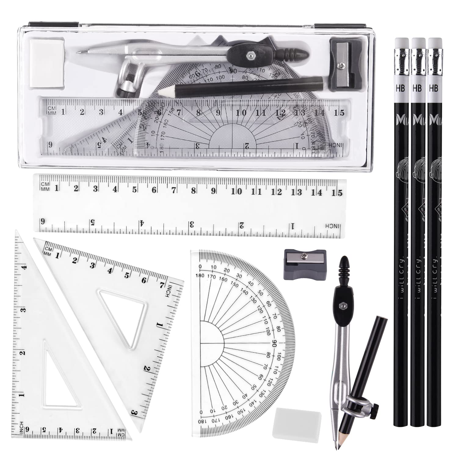 FEPITO 11 Pcs Math Geometry Compass Set Student Maths Protractor Set School Stationery Set included Rulers, Pencil, Eraser in Carrying Case