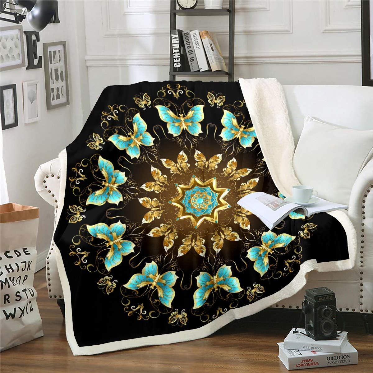 Loussiesd Butterfly Throw Blanket for Kids Girls Woman Golden Blue